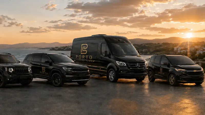 Frota da Porto Seguro Tour: SUVs e van executiva pretas com o logo da empresa